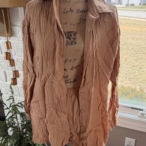 Women's Crinkled Tan Button-Up Jumpsuit